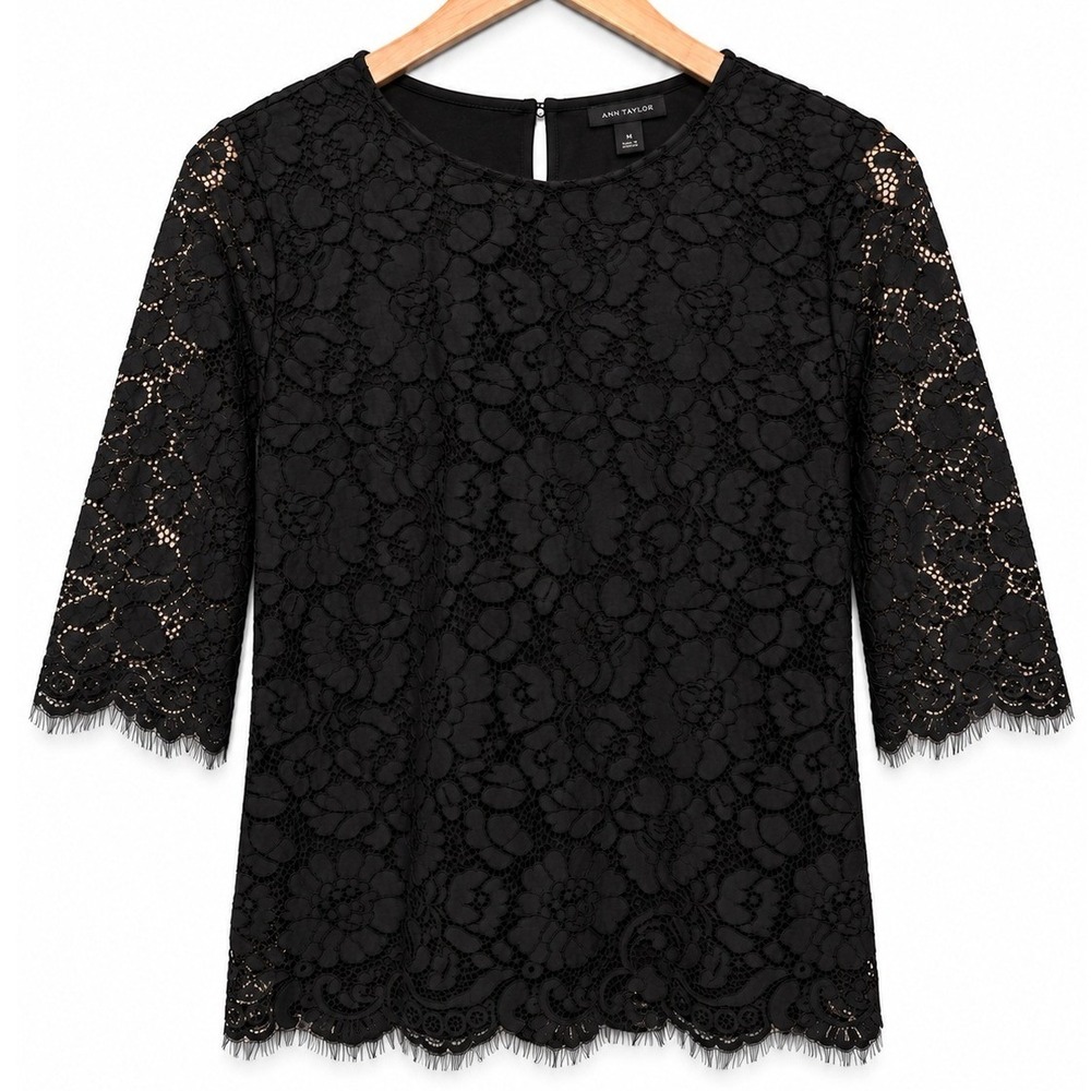 Ann Taylor Black Floral Lace 3/4 Sleeve Top XS Whimsigoth Witchy Dark Academia